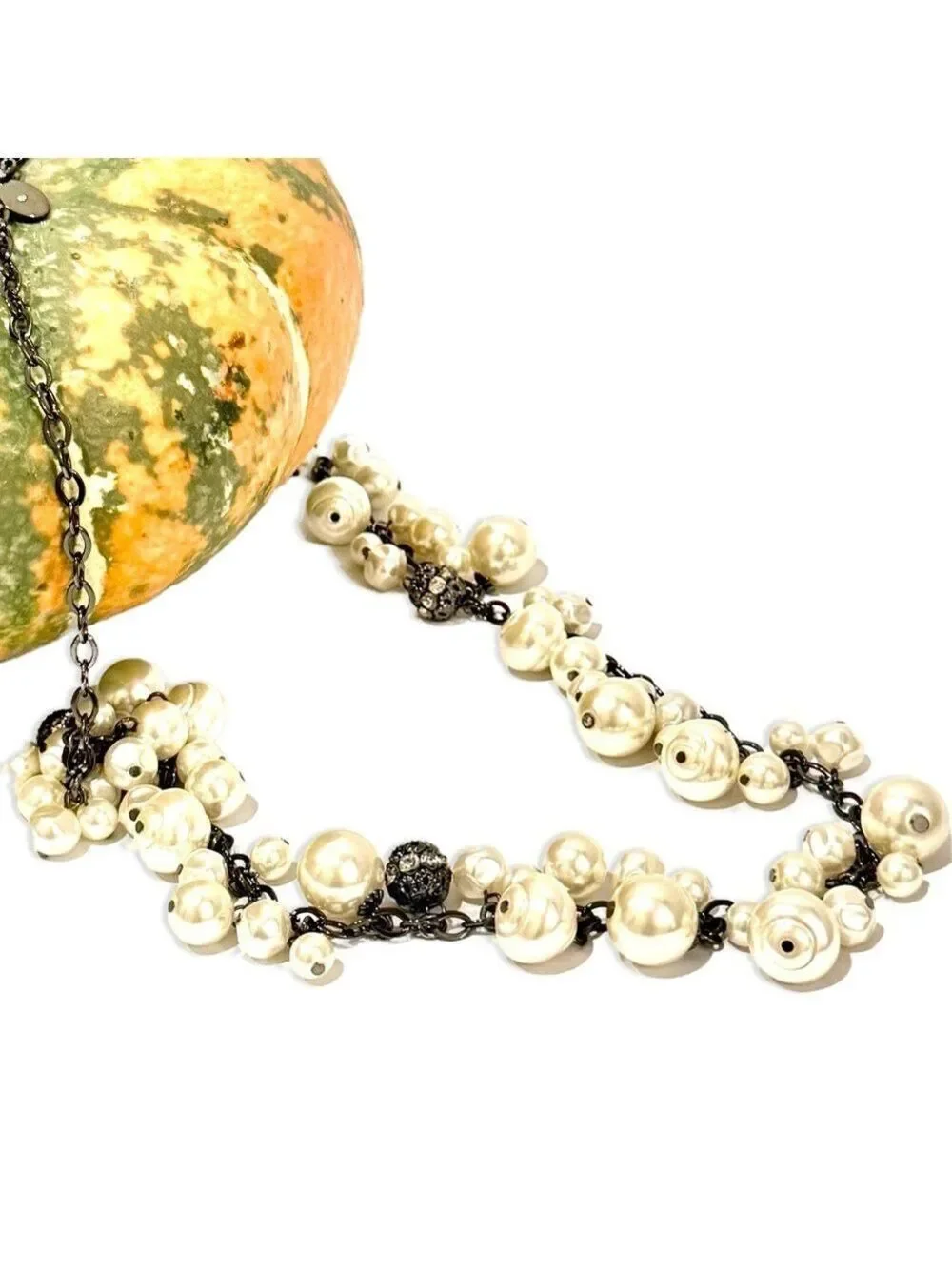 Chico's Gunmetal and Pearl Cluster Long Necklace New